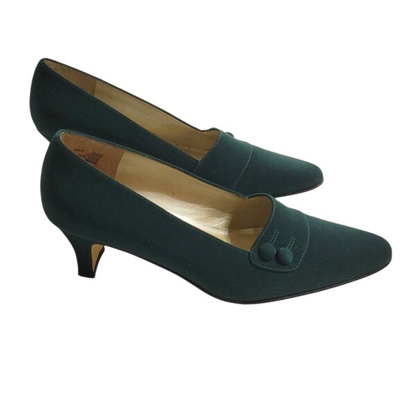 Laura Scott Shoes - Vintage Laura Scott Green Satin Kitten Heel Shoes Size 6.5 With Button Detail